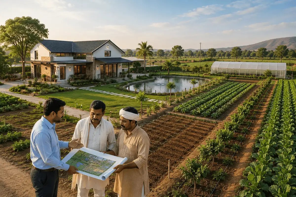 Consultants reviewing a farmland development plan beside a modern farmhouse and cultivated fields, showcasing farm planning and land optimization.